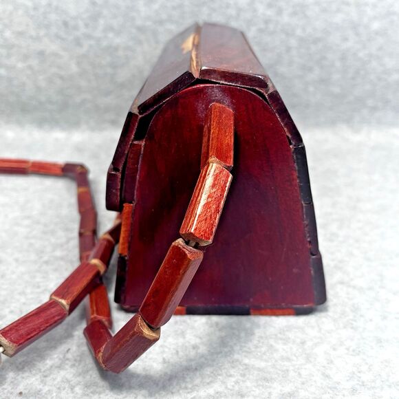 Vintage 70s Wooden Slat Shoulder Bag Small Size Two Tone Lined Snap Button Boho - Picture 5 of 15